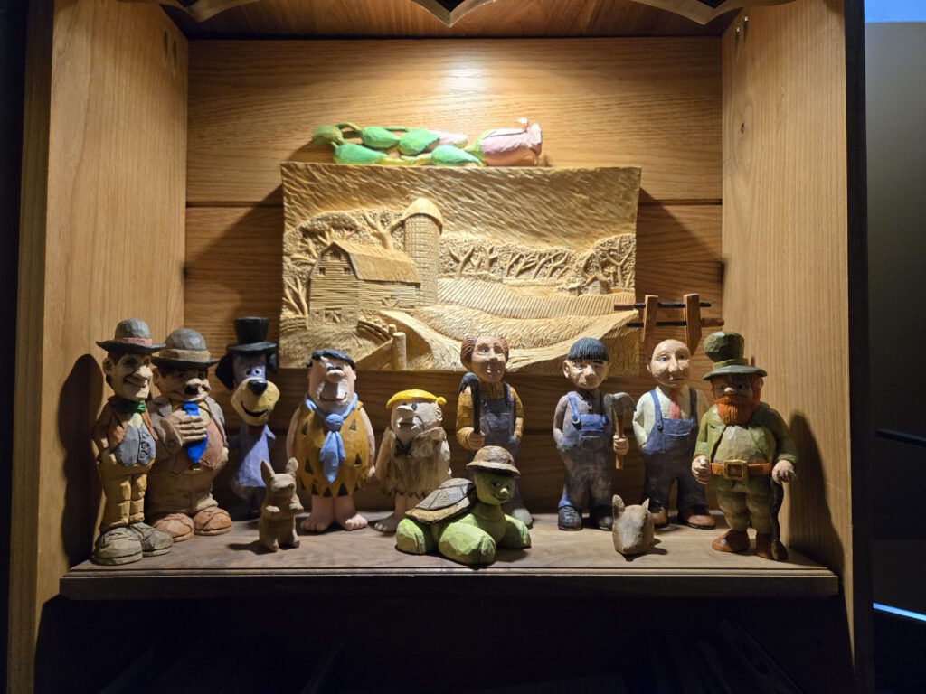 Many woodcarving projects on display